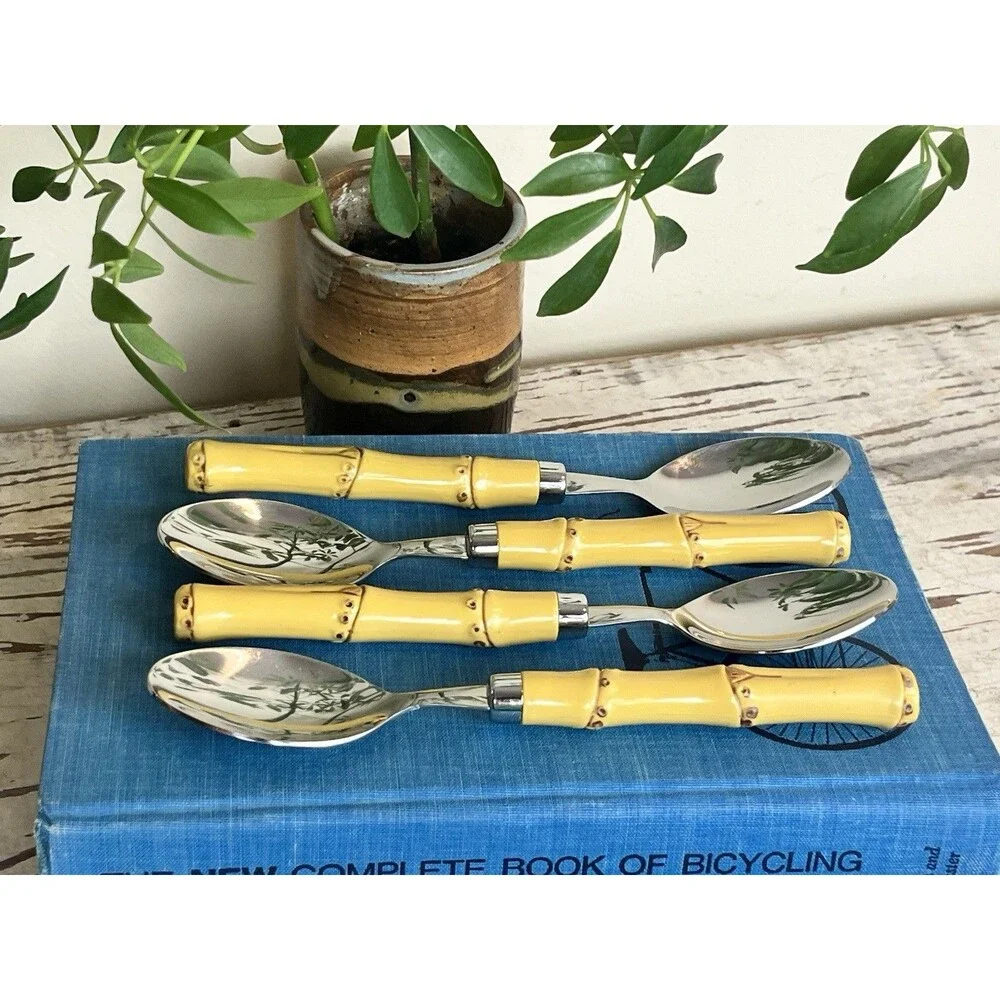 Vintage Faux Bamboo Soup Spoons (4) By Cambridge Hollywood Regency Style 7.5”